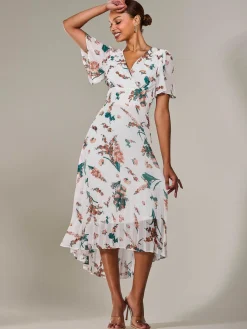 Jolie Moi Occasion Dresses|Floral Dresses-Angel Sleeve Pleated Chiffon Maxi Dress, Beige Floral