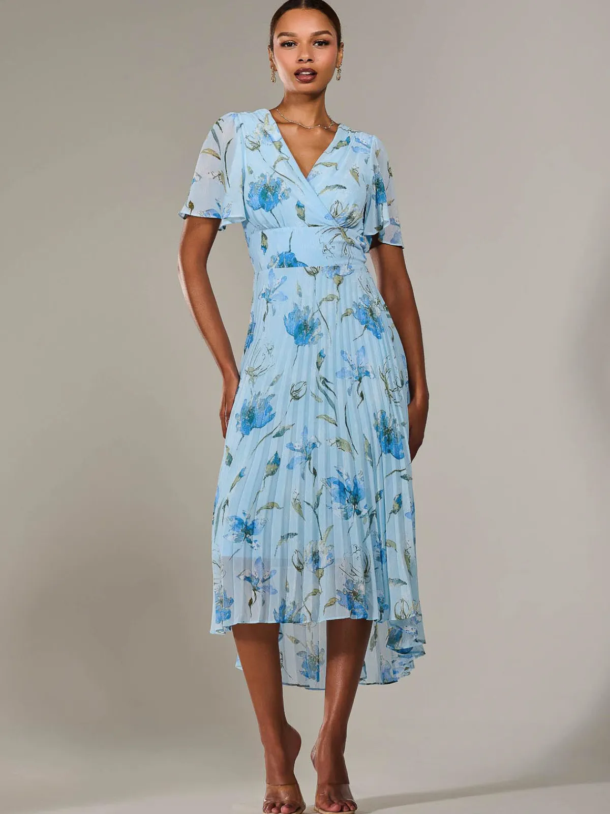 Jolie Moi Occasion Dresses|Floral Dresses-Angel Sleeve Pleated Chiffon Maxi Dress, Blue Floral