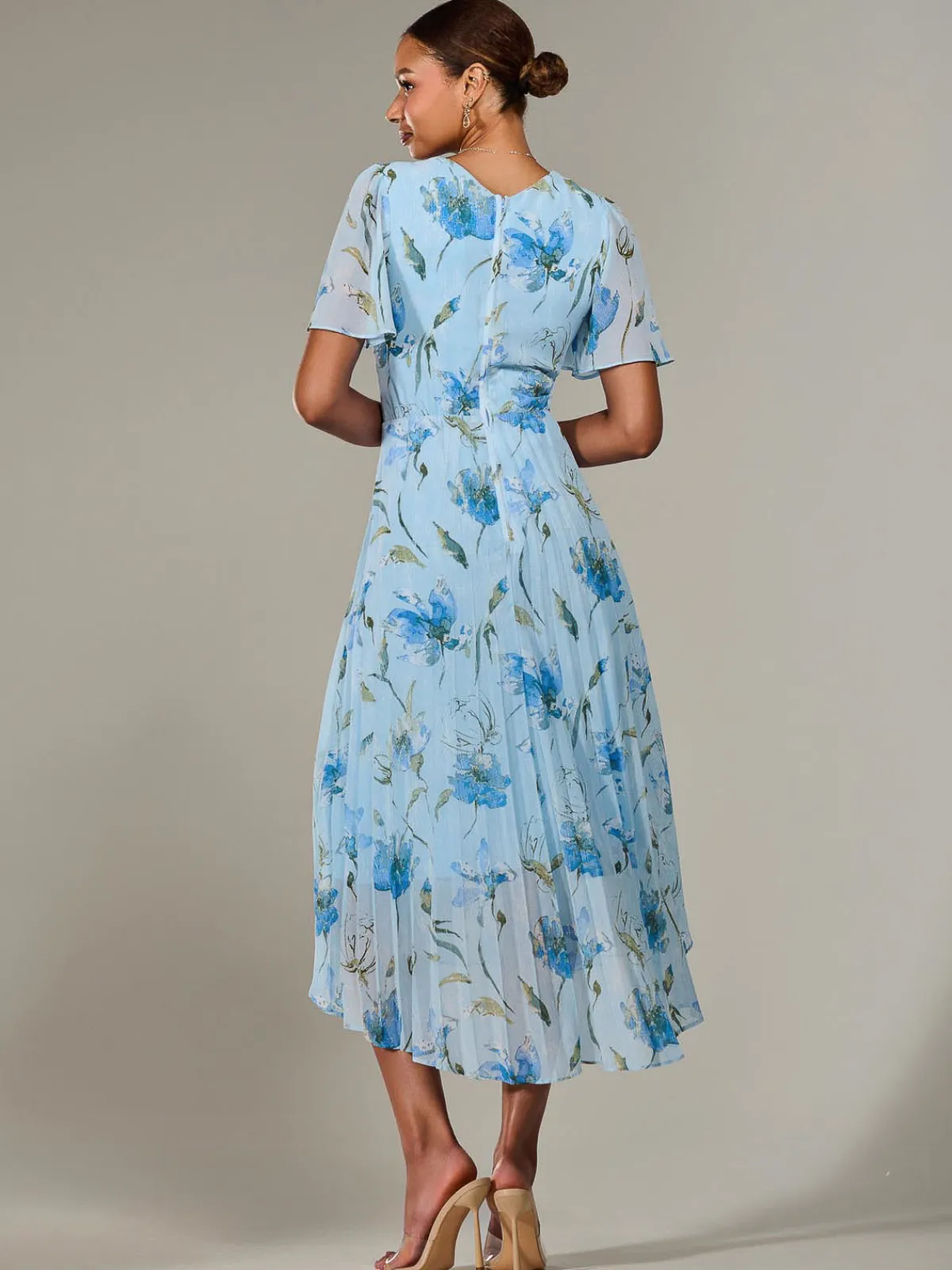 Jolie Moi Occasion Dresses|Floral Dresses-Angel Sleeve Pleated Chiffon Maxi Dress, Blue Floral