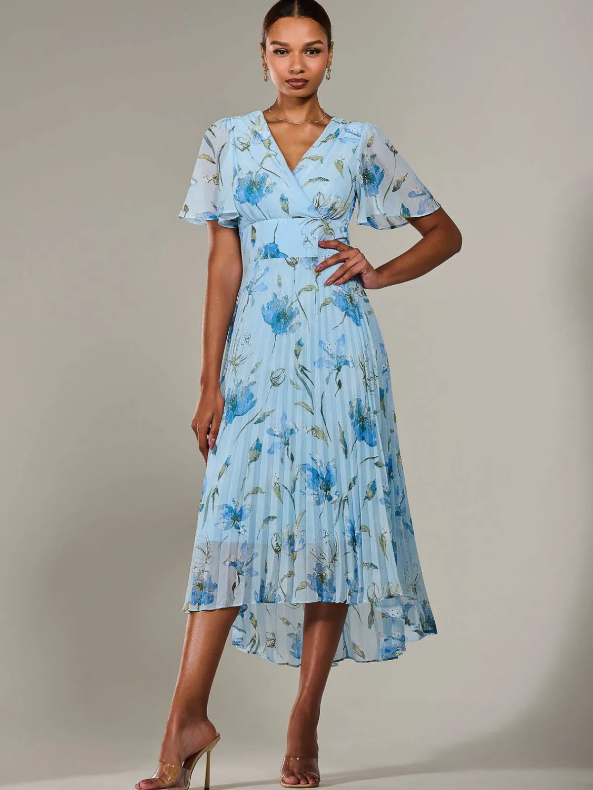 Jolie Moi Occasion Dresses|Floral Dresses-Angel Sleeve Pleated Chiffon Maxi Dress, Blue Floral