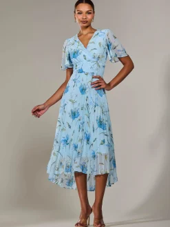 Jolie Moi Occasion Dresses|Floral Dresses-Angel Sleeve Pleated Chiffon Maxi Dress, Blue Floral