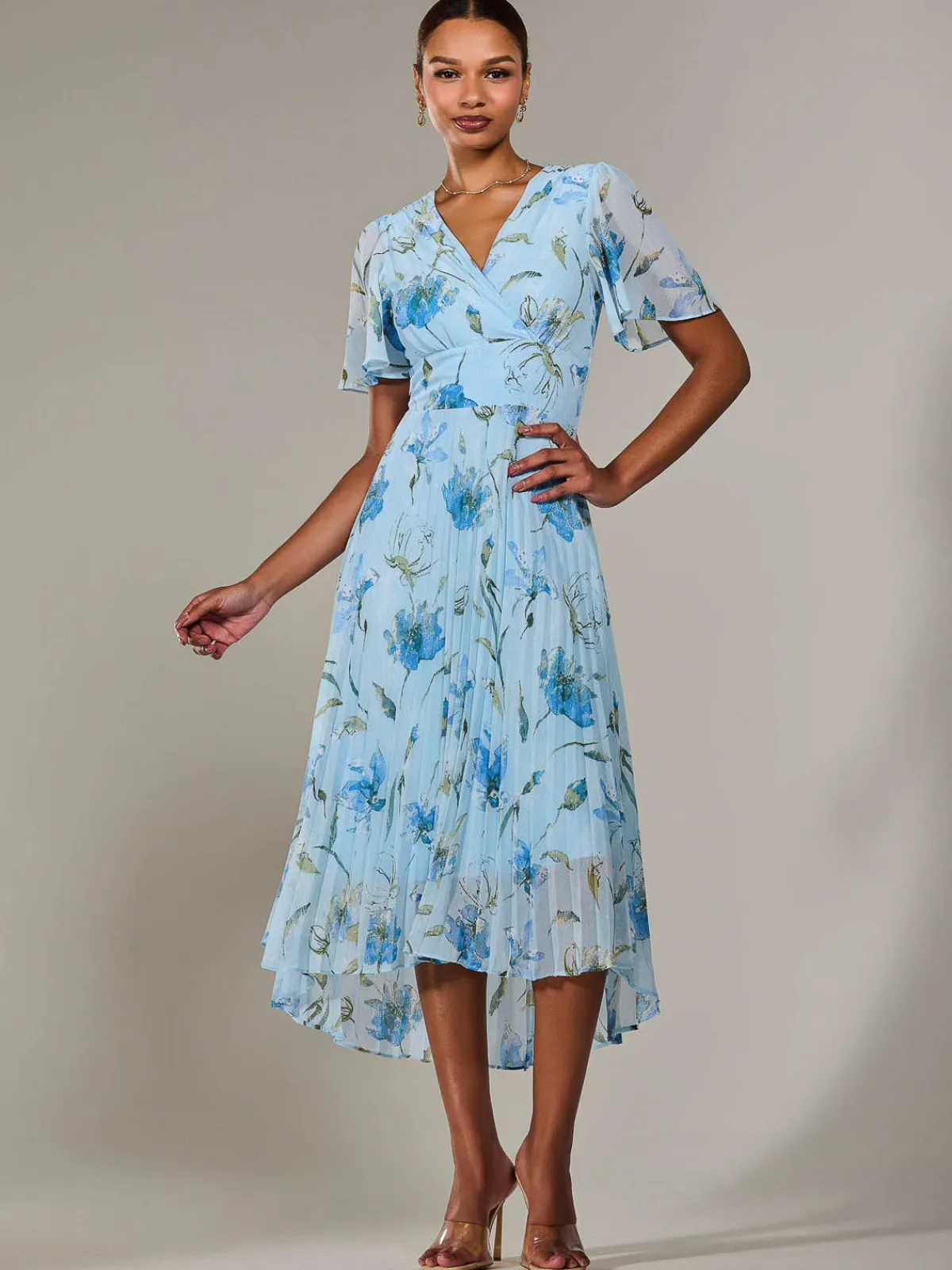 Jolie Moi Occasion Dresses|Floral Dresses-Angel Sleeve Pleated Chiffon Maxi Dress, Blue Floral