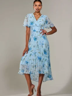 Jolie Moi Occasion Dresses|Floral Dresses-Angel Sleeve Pleated Chiffon Maxi Dress, Blue Floral