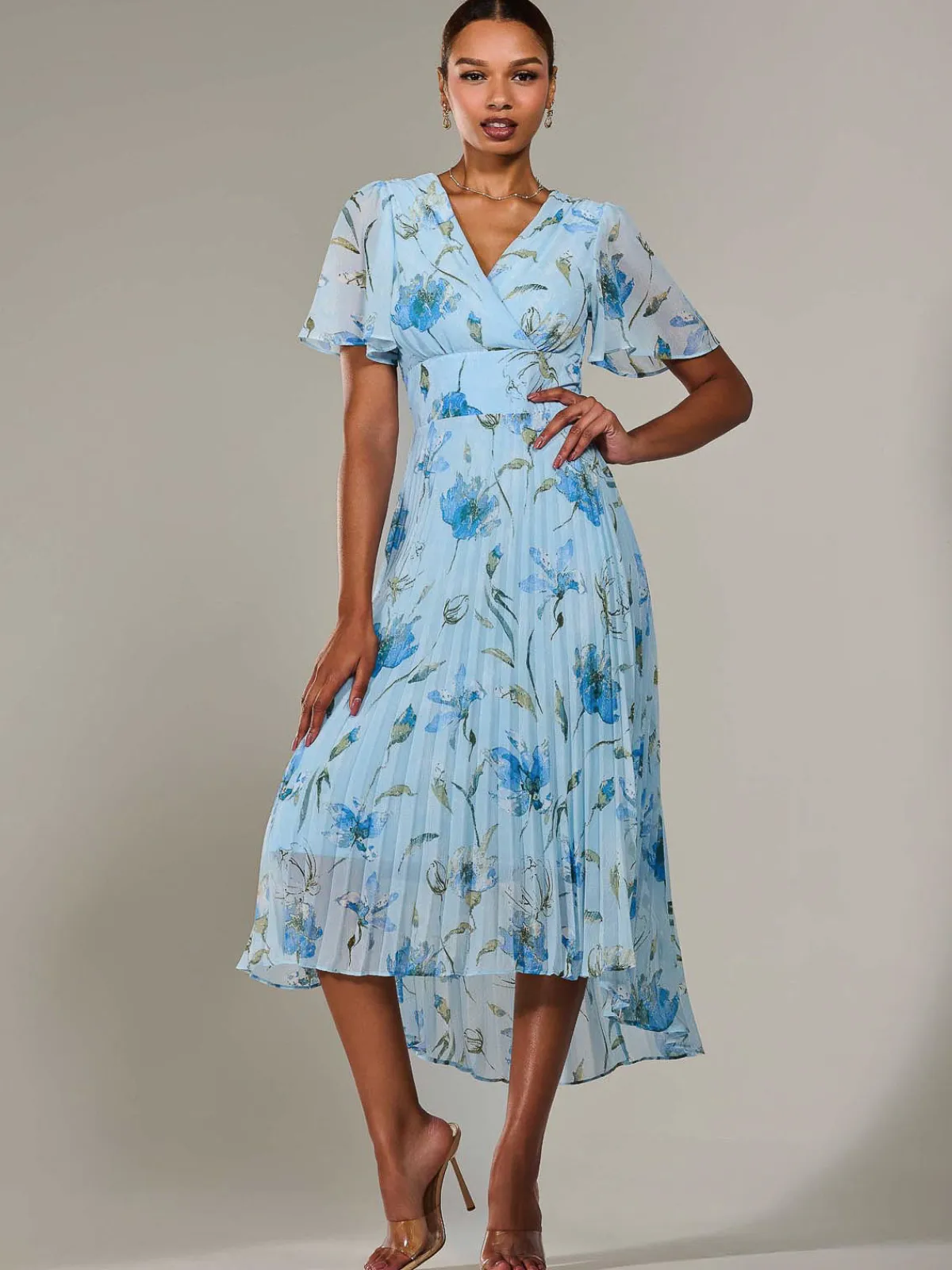 Jolie Moi Occasion Dresses|Floral Dresses-Angel Sleeve Pleated Chiffon Maxi Dress, Blue Floral