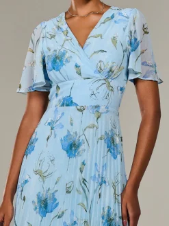 Jolie Moi Occasion Dresses|Floral Dresses-Angel Sleeve Pleated Chiffon Maxi Dress, Blue Floral