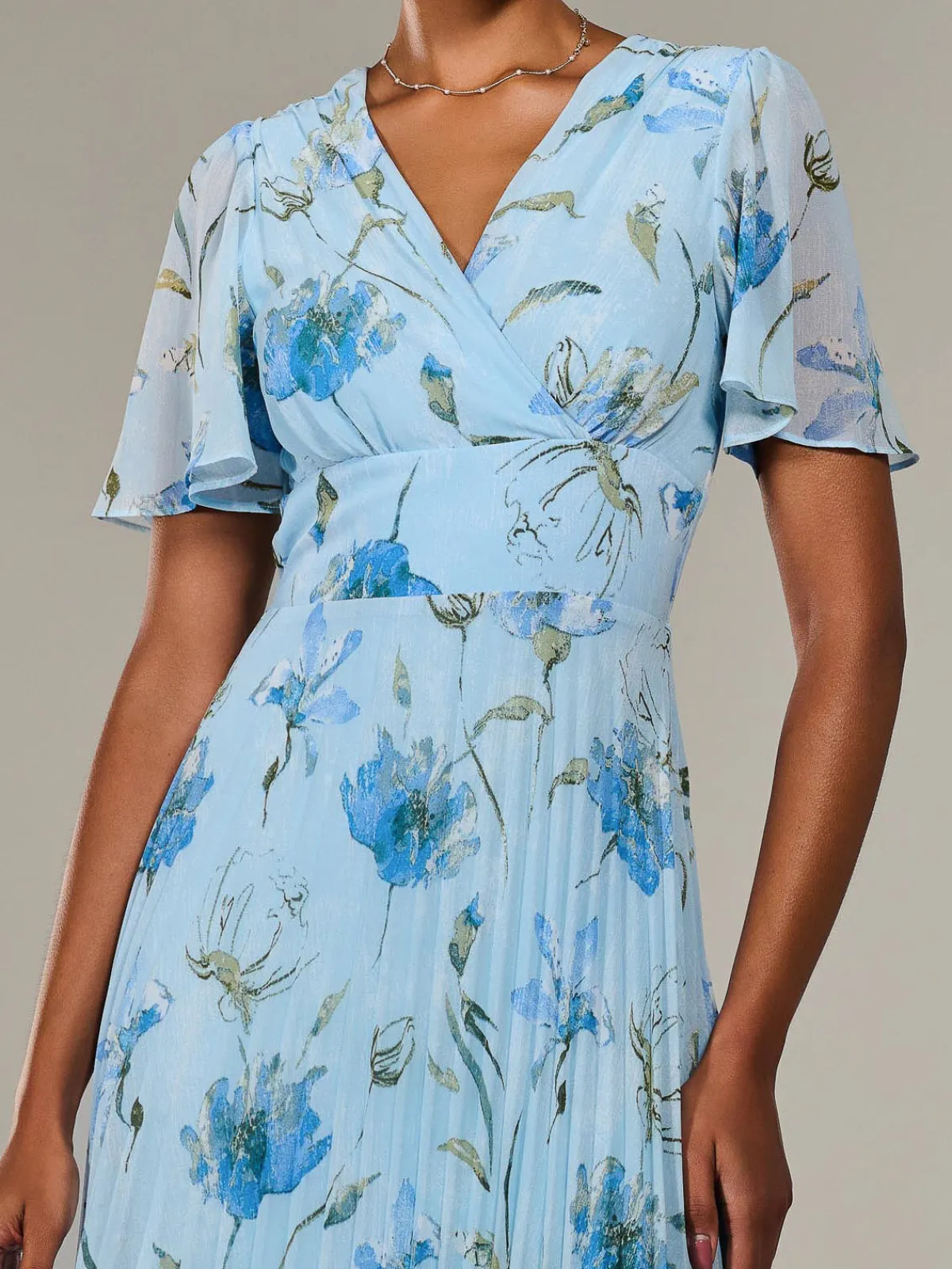 Jolie Moi Occasion Dresses|Floral Dresses-Angel Sleeve Pleated Chiffon Maxi Dress, Blue Floral