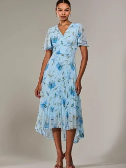 Jolie Moi Occasion Dresses|Floral Dresses-Angel Sleeve Pleated Chiffon Maxi Dress, Blue Floral