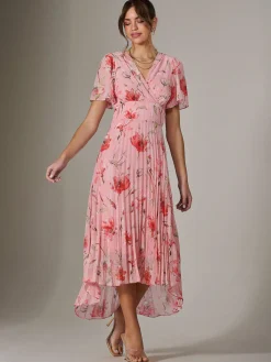Jolie Moi Occasion Dresses|Floral Dresses-Angel Sleeve Pleated Chiffon Maxi Dress, Coral Pink