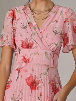Jolie Moi Occasion Dresses|Floral Dresses-Angel Sleeve Pleated Chiffon Maxi Dress, Coral Pink