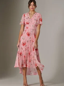 Jolie Moi Occasion Dresses|Floral Dresses-Angel Sleeve Pleated Chiffon Maxi Dress, Coral Pink