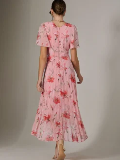 Jolie Moi Occasion Dresses|Floral Dresses-Angel Sleeve Pleated Chiffon Maxi Dress, Coral Pink