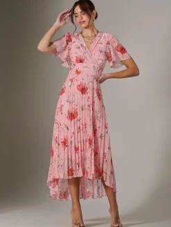Jolie Moi Occasion Dresses|Floral Dresses-Angel Sleeve Pleated Chiffon Maxi Dress, Coral Pink