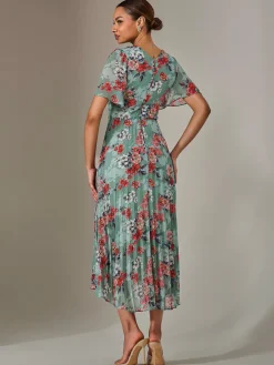 Jolie Moi Occasion Dresses|Floral Dresses-Angel Sleeve Pleated Chiffon Maxi Dress, Green Floral