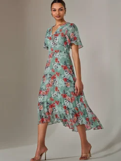 Jolie Moi Occasion Dresses|Floral Dresses-Angel Sleeve Pleated Chiffon Maxi Dress, Green Floral