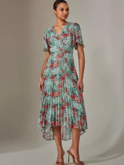 Jolie Moi Occasion Dresses|Floral Dresses-Angel Sleeve Pleated Chiffon Maxi Dress, Green Floral