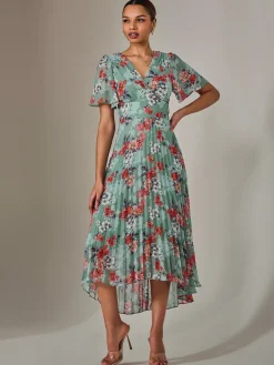 Jolie Moi Occasion Dresses|Floral Dresses-Angel Sleeve Pleated Chiffon Maxi Dress, Green Floral