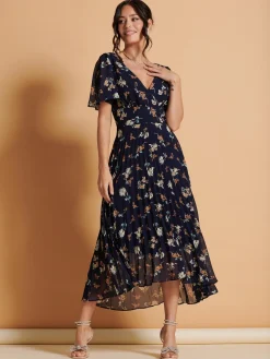 Jolie Moi Occasion Dresses|Weekend Casuals-Angel Sleeve Pleated Chiffon Maxi Dress, Navy Floral