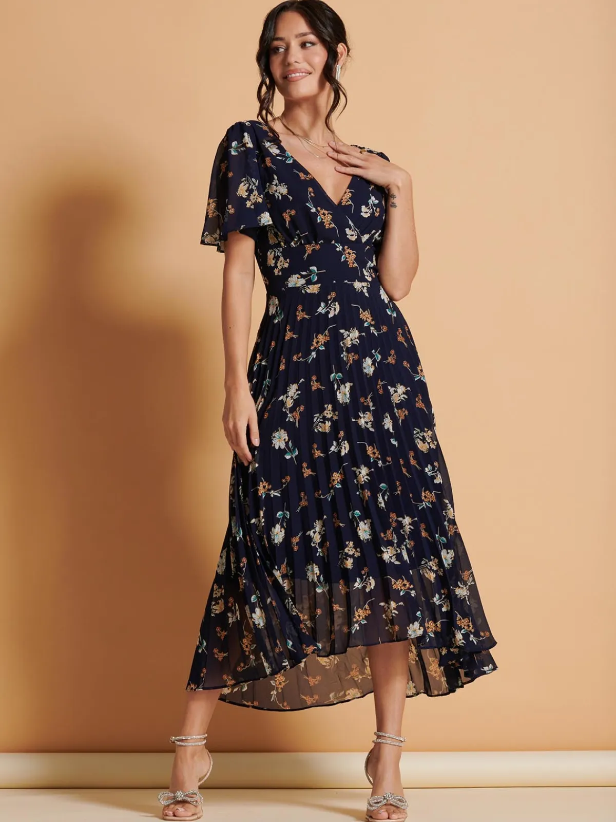 Jolie Moi Occasion Dresses|Weekend Casuals-Angel Sleeve Pleated Chiffon Maxi Dress, Navy Floral