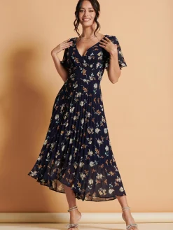 Jolie Moi Occasion Dresses|Weekend Casuals-Angel Sleeve Pleated Chiffon Maxi Dress, Navy Floral