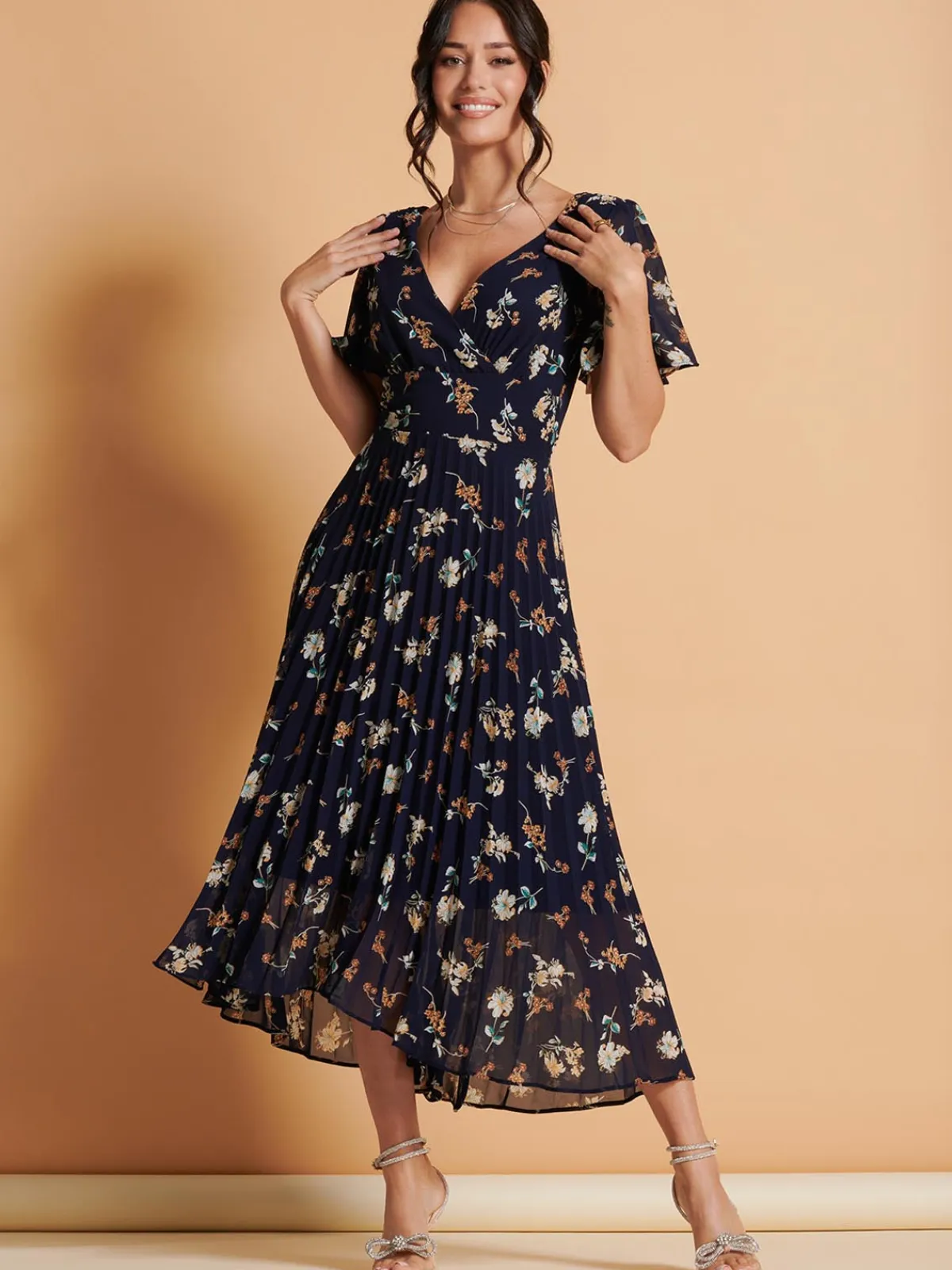 Jolie Moi Occasion Dresses|Weekend Casuals-Angel Sleeve Pleated Chiffon Maxi Dress, Navy Floral