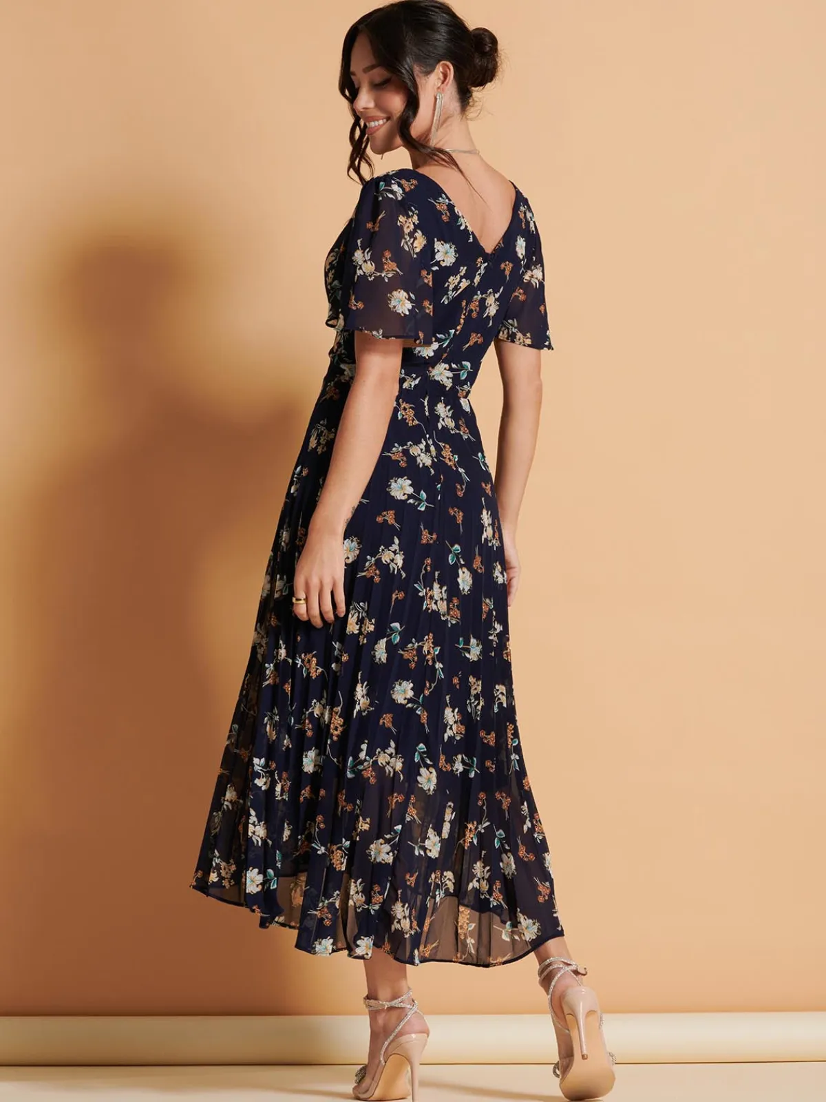 Jolie Moi Occasion Dresses|Weekend Casuals-Angel Sleeve Pleated Chiffon Maxi Dress, Navy Floral