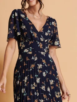 Jolie Moi Occasion Dresses|Weekend Casuals-Angel Sleeve Pleated Chiffon Maxi Dress, Navy Floral