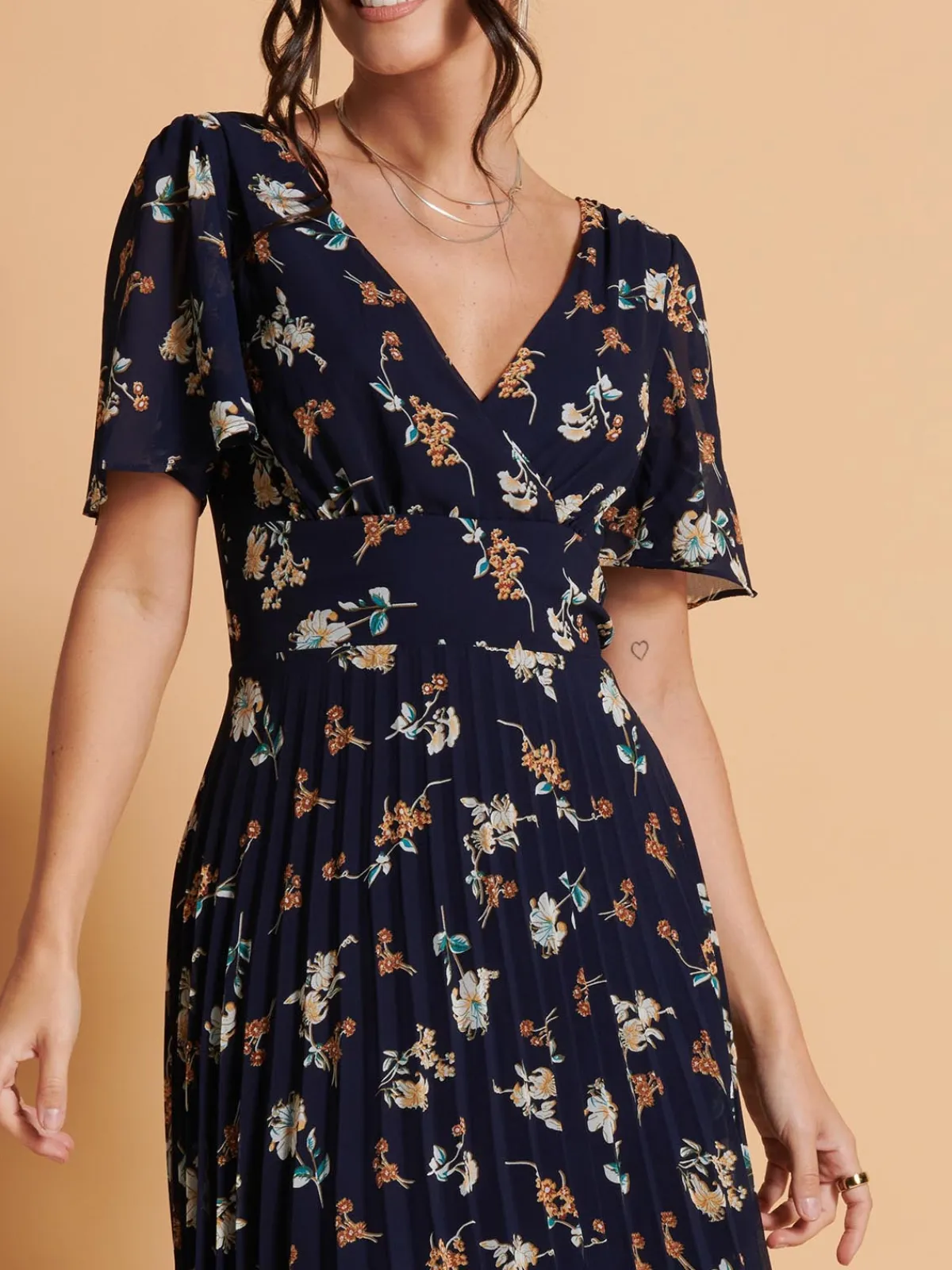 Jolie Moi Occasion Dresses|Weekend Casuals-Angel Sleeve Pleated Chiffon Maxi Dress, Navy Floral