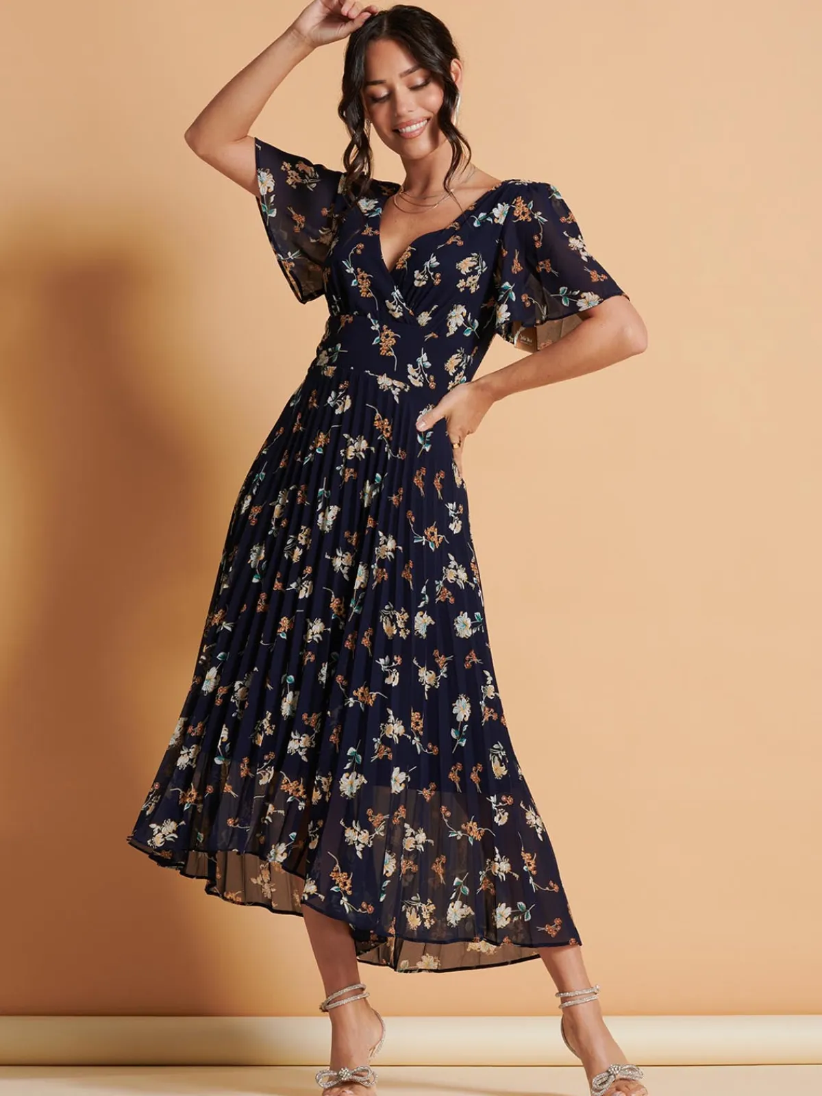 Jolie Moi Occasion Dresses|Weekend Casuals-Angel Sleeve Pleated Chiffon Maxi Dress, Navy Floral