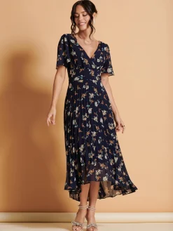 Jolie Moi Occasion Dresses|Weekend Casuals-Angel Sleeve Pleated Chiffon Maxi Dress, Navy Floral