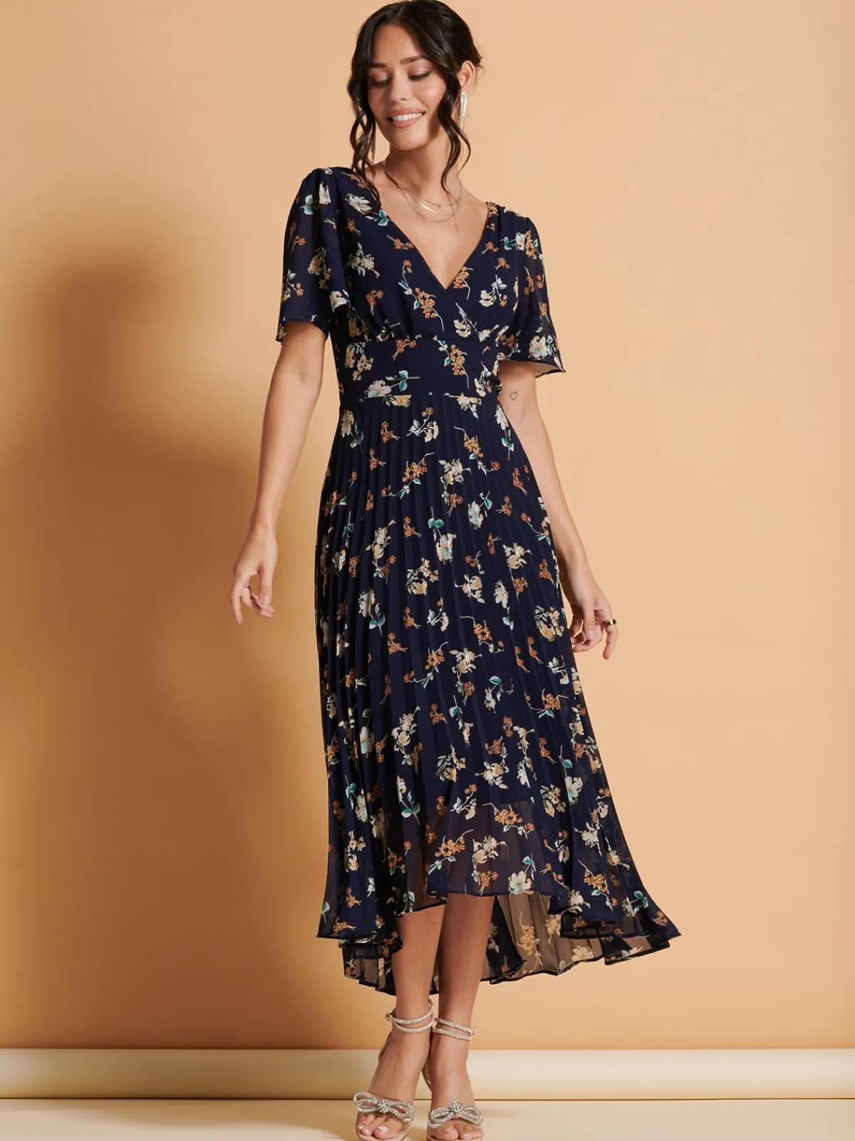 Jolie Moi Occasion Dresses|Weekend Casuals-Angel Sleeve Pleated Chiffon Maxi Dress, Navy Floral