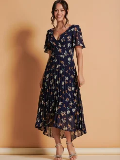 Jolie Moi Occasion Dresses|Weekend Casuals-Angel Sleeve Pleated Chiffon Maxi Dress, Navy Floral