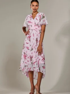 Jolie Moi Occasion Dresses|Floral Dresses-Angel Sleeve Pleated Chiffon Maxi Dress, Pink Floral
