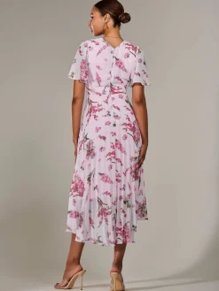 Jolie Moi Occasion Dresses|Floral Dresses-Angel Sleeve Pleated Chiffon Maxi Dress, Pink Floral