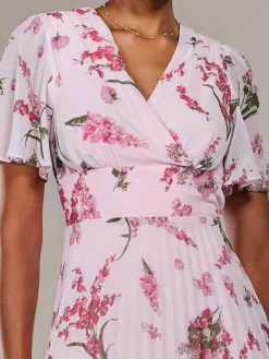 Jolie Moi Occasion Dresses|Floral Dresses-Angel Sleeve Pleated Chiffon Maxi Dress, Pink Floral