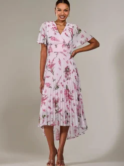 Jolie Moi Occasion Dresses|Floral Dresses-Angel Sleeve Pleated Chiffon Maxi Dress, Pink Floral