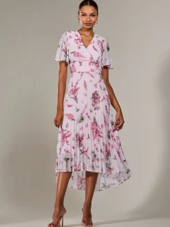 Jolie Moi Occasion Dresses|Floral Dresses-Angel Sleeve Pleated Chiffon Maxi Dress, Pink Floral