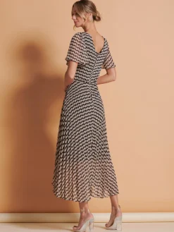 Jolie Moi Occasion Dresses|Weekend Casuals-Angel Sleeve Pleated Chiffon Maxi Dress, Stone/Black