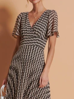 Jolie Moi Occasion Dresses|Weekend Casuals-Angel Sleeve Pleated Chiffon Maxi Dress, Stone/Black