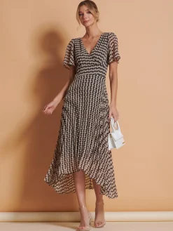 Jolie Moi Occasion Dresses|Weekend Casuals-Angel Sleeve Pleated Chiffon Maxi Dress, Stone/Black