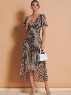 Jolie Moi Occasion Dresses|Weekend Casuals-Angel Sleeve Pleated Chiffon Maxi Dress, Stone/Black
