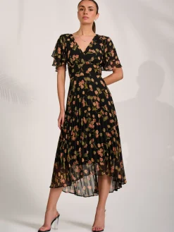 Jolie Moi Occasion Dresses|Floral Dresses-Angel Sleeve Pleated Chiffon Midaxi Dress, Black Floral