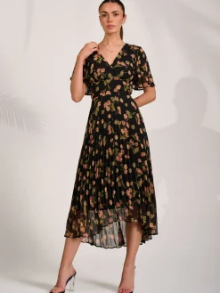 Jolie Moi Occasion Dresses|Floral Dresses-Angel Sleeve Pleated Chiffon Midaxi Dress, Black Floral