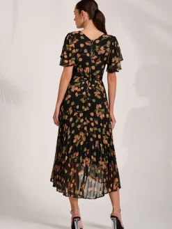 Jolie Moi Occasion Dresses|Floral Dresses-Angel Sleeve Pleated Chiffon Midaxi Dress, Black Floral