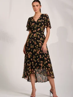 Jolie Moi Occasion Dresses|Floral Dresses-Angel Sleeve Pleated Chiffon Midaxi Dress, Black Floral