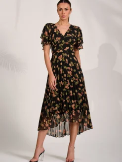 Jolie Moi Occasion Dresses|Floral Dresses-Angel Sleeve Pleated Chiffon Midaxi Dress, Black Floral