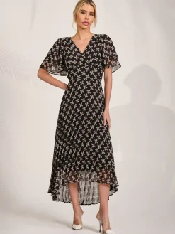 Jolie Moi Occasion Dresses|Maxi Dresses-Angel Sleeve Pleated Chiffon Midaxi Dress, Black Geo