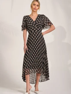Jolie Moi Occasion Dresses|Maxi Dresses-Angel Sleeve Pleated Chiffon Midaxi Dress, Black Geo