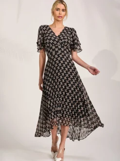 Jolie Moi Occasion Dresses|Maxi Dresses-Angel Sleeve Pleated Chiffon Midaxi Dress, Black Geo