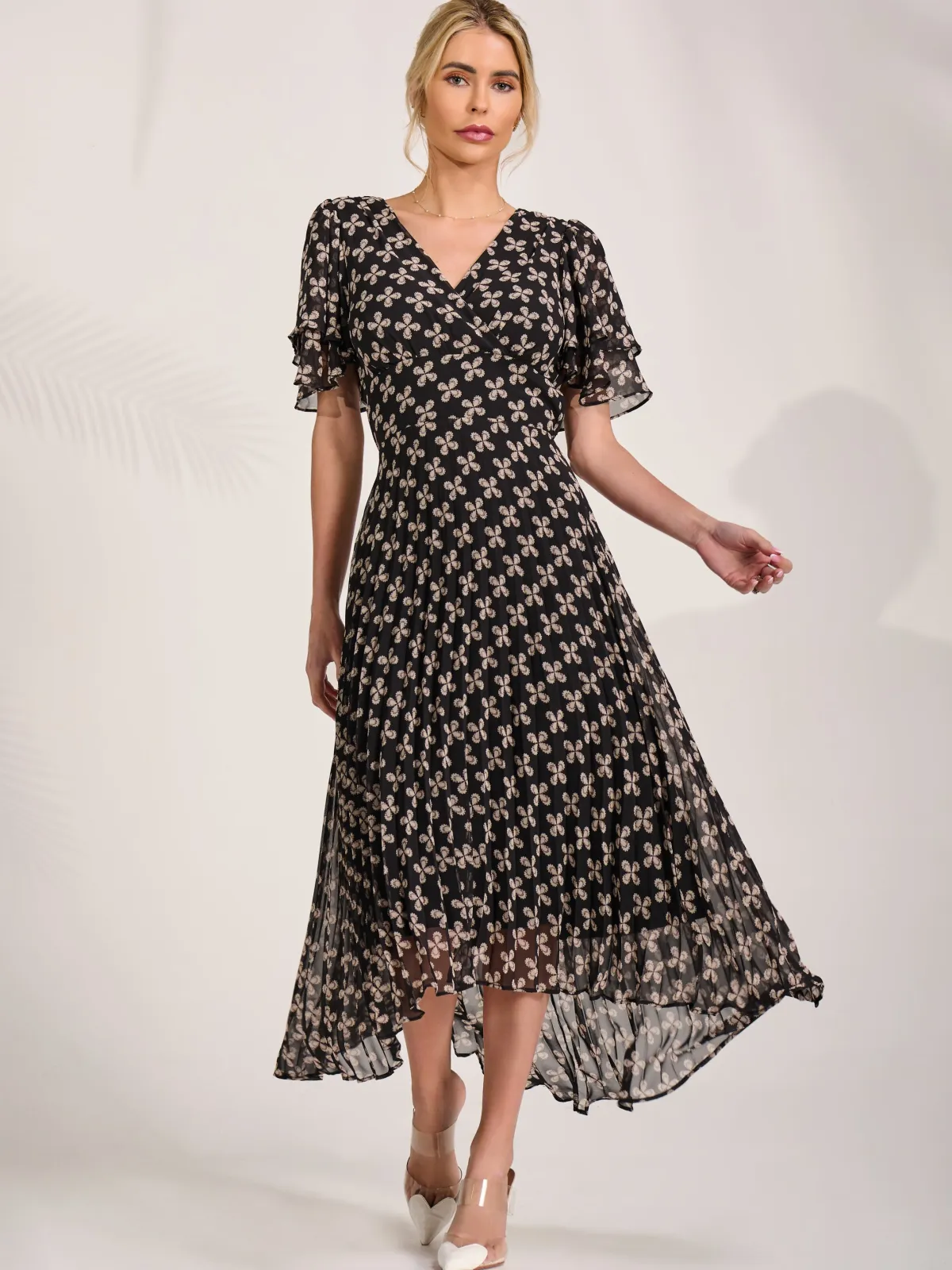 Jolie Moi Occasion Dresses|Maxi Dresses-Angel Sleeve Pleated Chiffon Midaxi Dress, Black Geo
