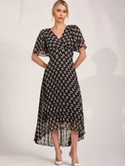 Jolie Moi Occasion Dresses|Maxi Dresses-Angel Sleeve Pleated Chiffon Midaxi Dress, Black Geo